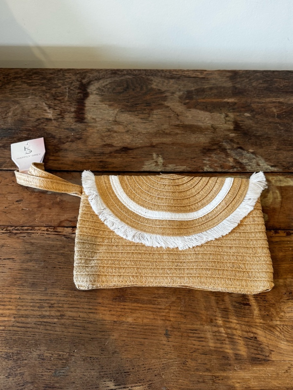 NWT Happily Grey Woven Straw Wristlet Clutch in Natural and White
